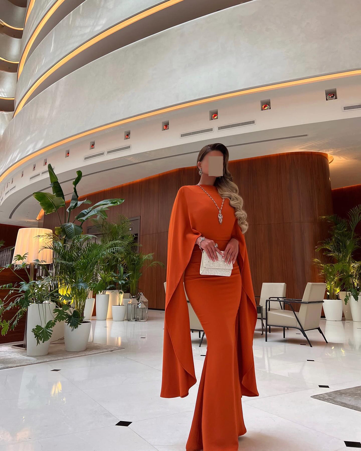 Luxury Orange Mermaid Evening Dress with Cape Sleeve SF120