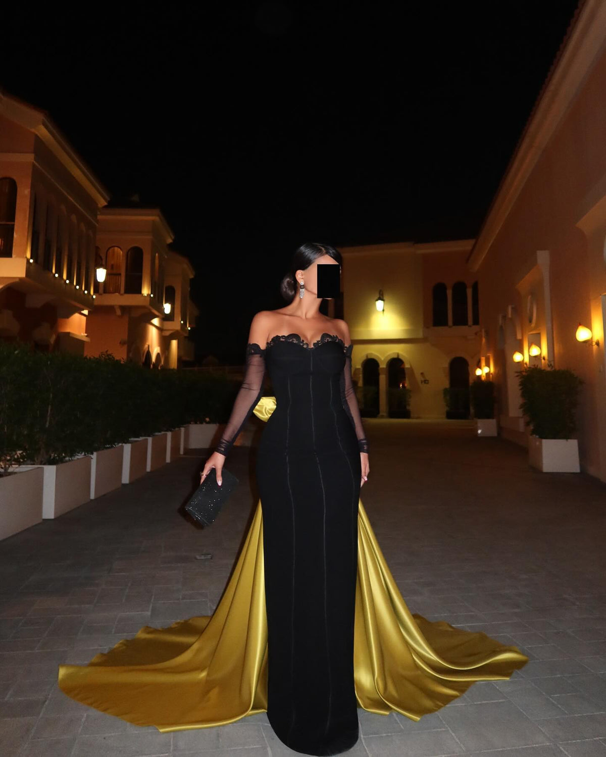 Elegant Long Sleeves Black&Gold Evening Dress with Overskirt SF521