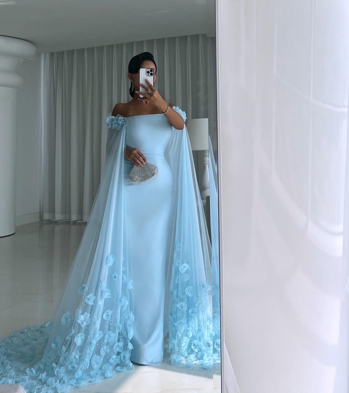 Luxury Crystal Blue 3D Floral Evening Dress with Cape SF166
