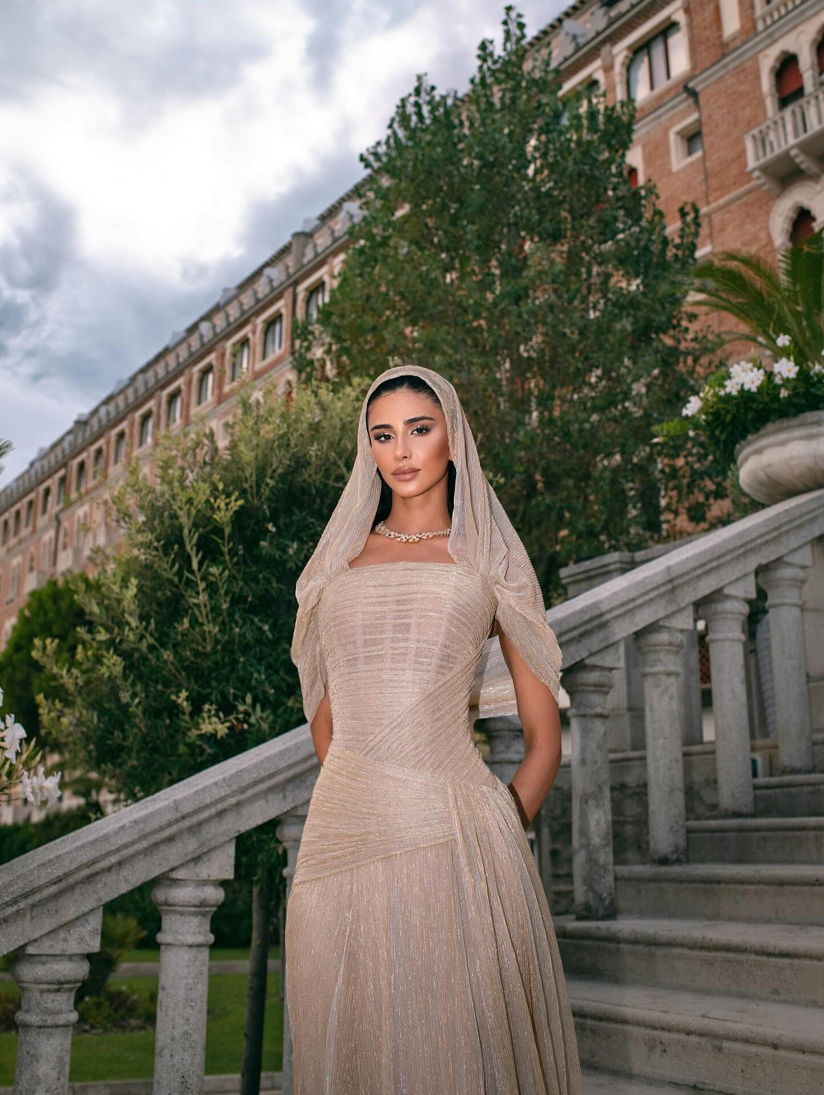 champagne dress with scarf Elegant Champagne Beaded Evening Dress with Scarf Gloves SS069 Champagne / 14