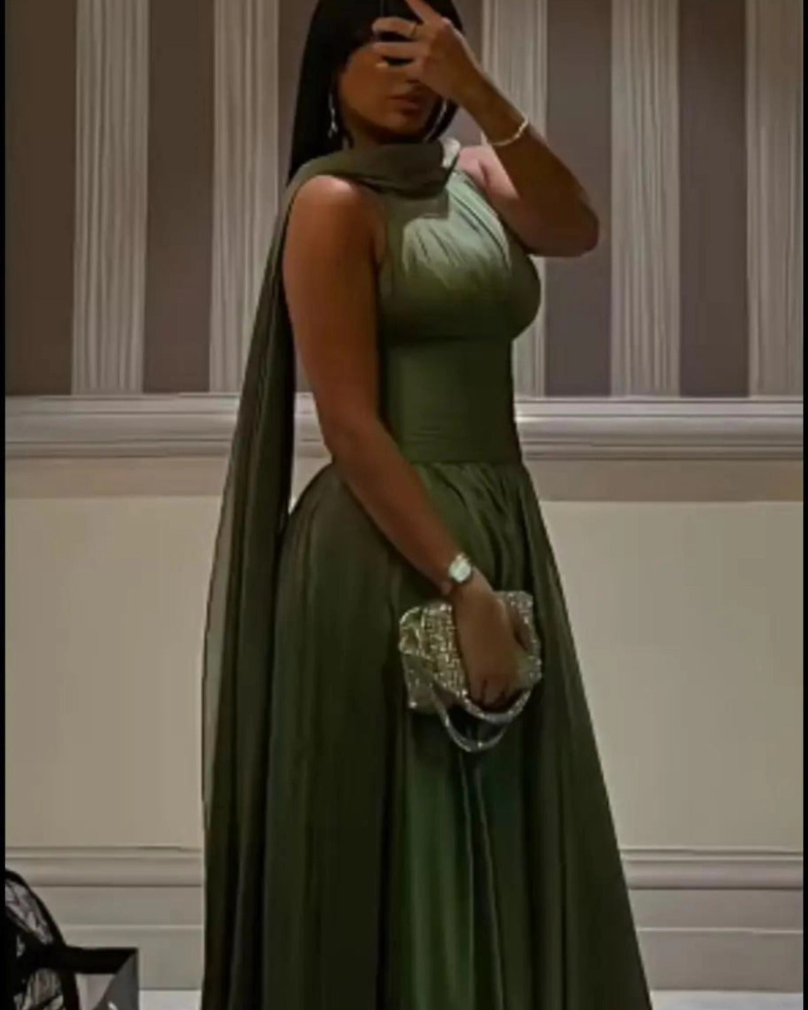 olive green dress with neck scarf ELSA STRAPLESS SCARF MAXI DRESS - OLIVE
