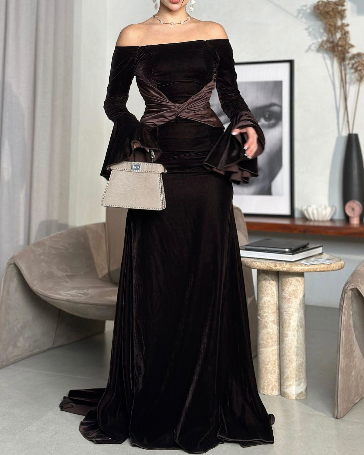Elegant Brown Off-Shoulder Velvet Evening Dress SF500
