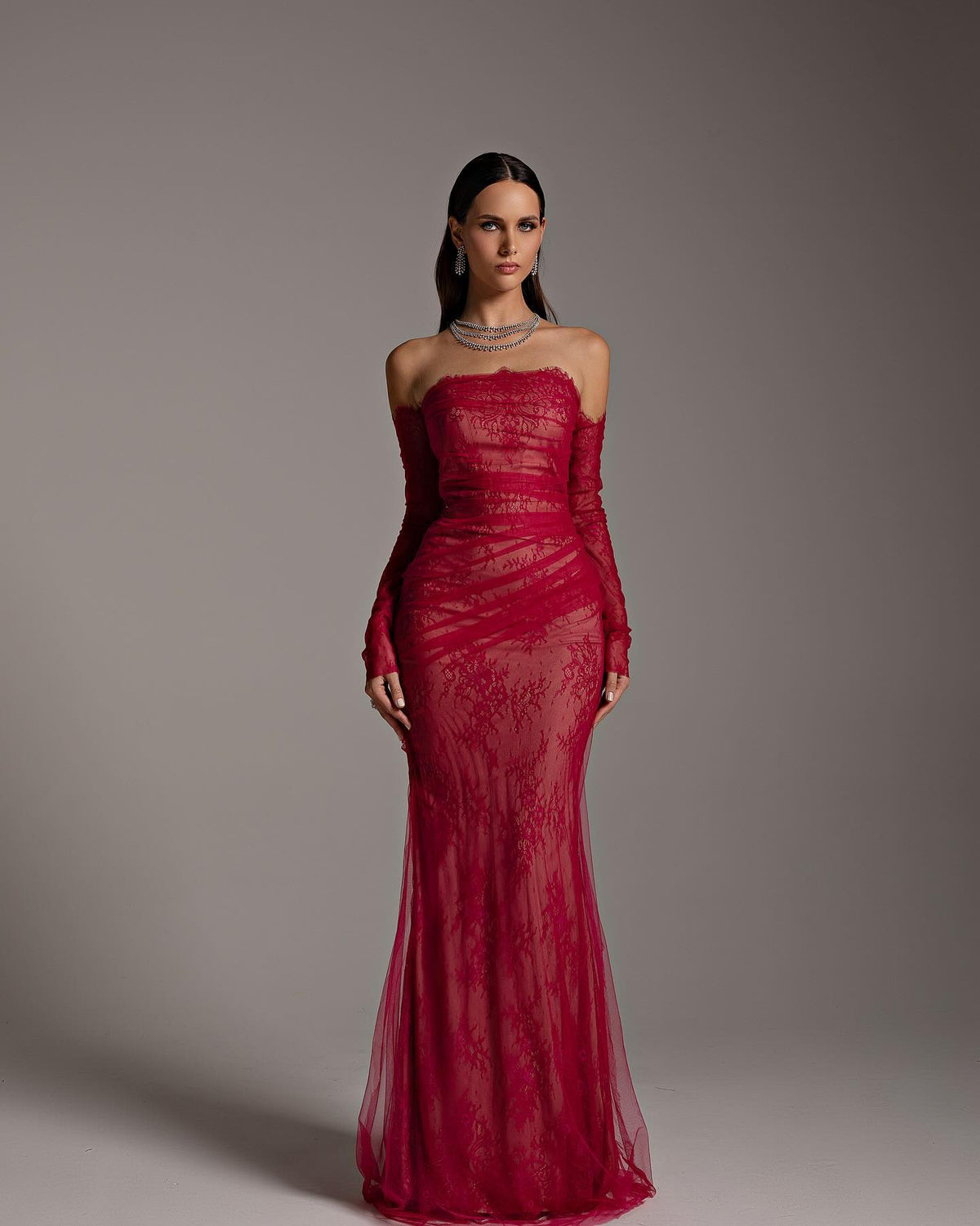 Elegant Strapless Red Long Sleeves Mermaid Evening Dress SF257
