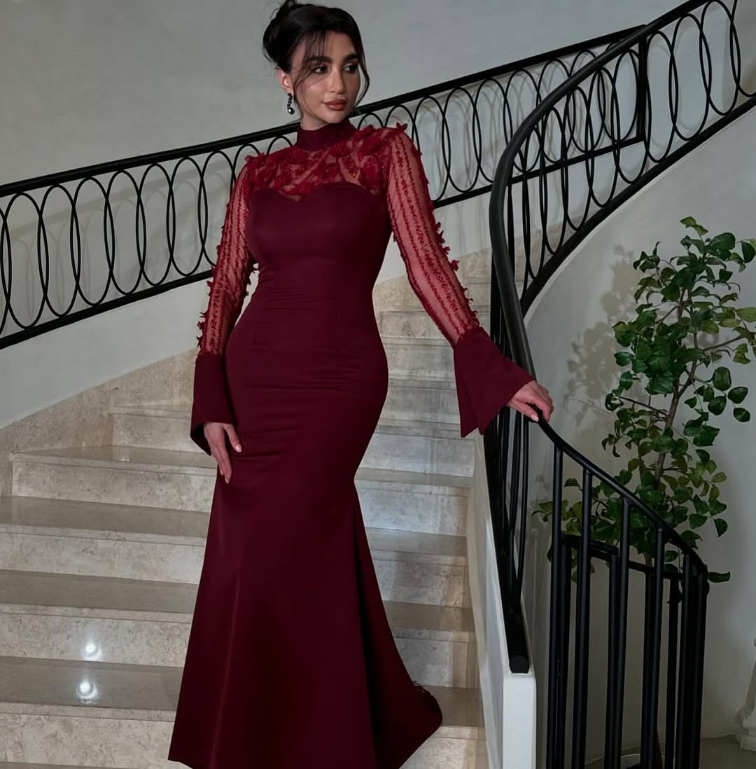 Luxury 3D Floral Burgundy Mermaid Evening Dress SF508