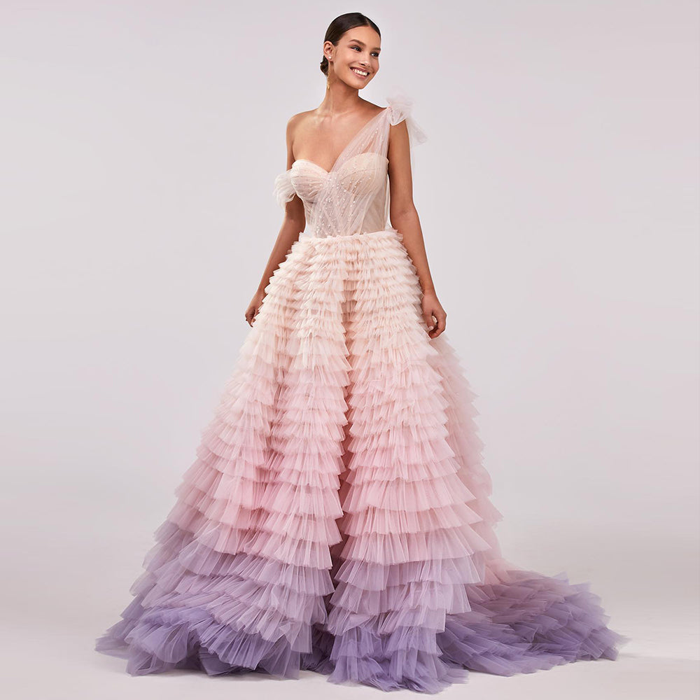 Luxury Beaded Gradient Pink A-Line Tiered Evening Dress SF085