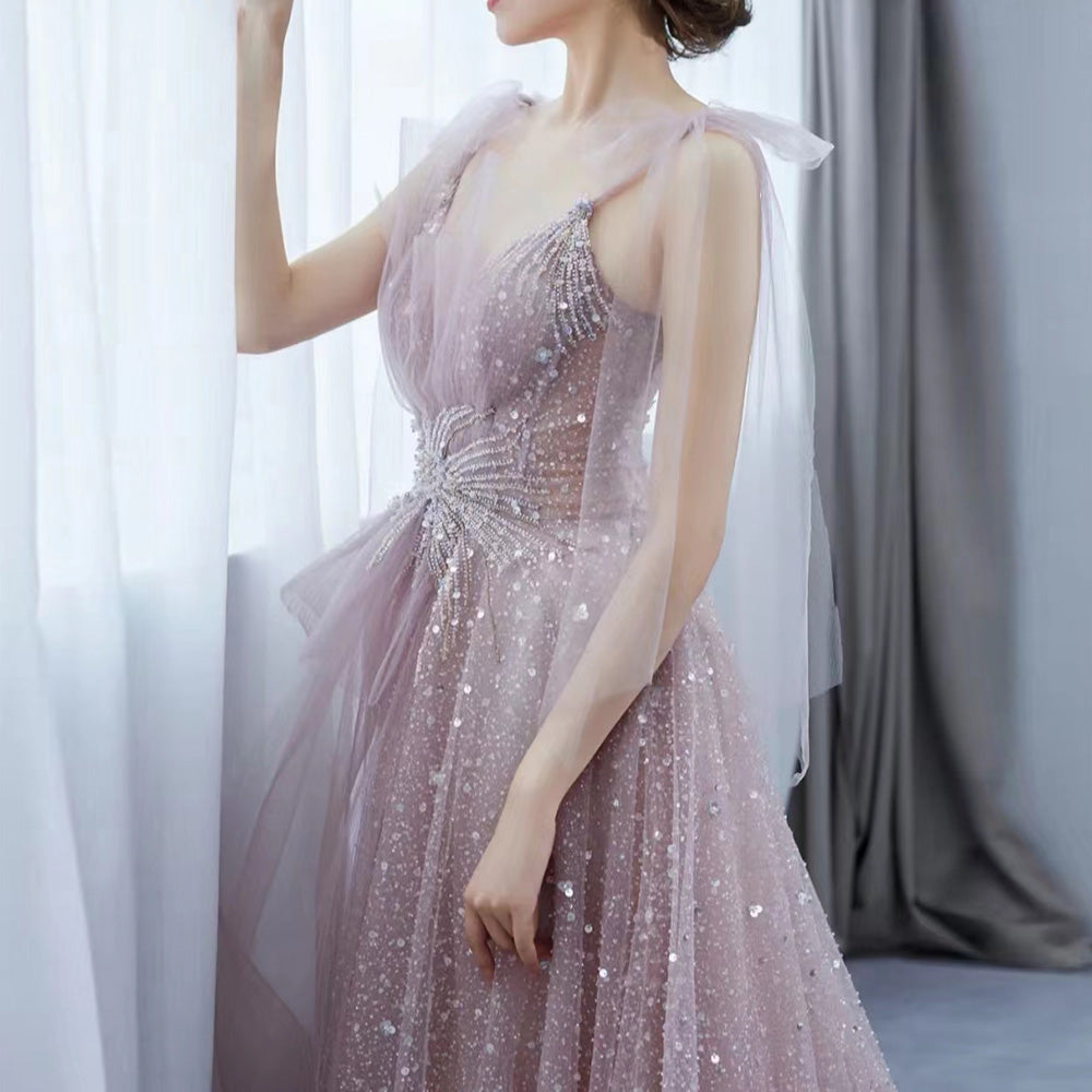 Luxury Beaded Blush Pink Spaghetti Straps Evening Dress SS292