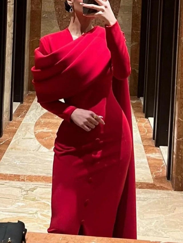 Elegant Red Long Sleeve Evening Dress with Cape SF137