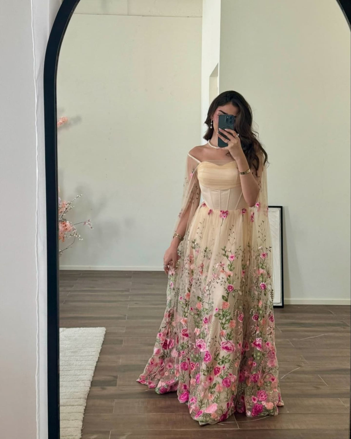 Elegant 3D Floral Evening Dress with Cape Sleeves SF301