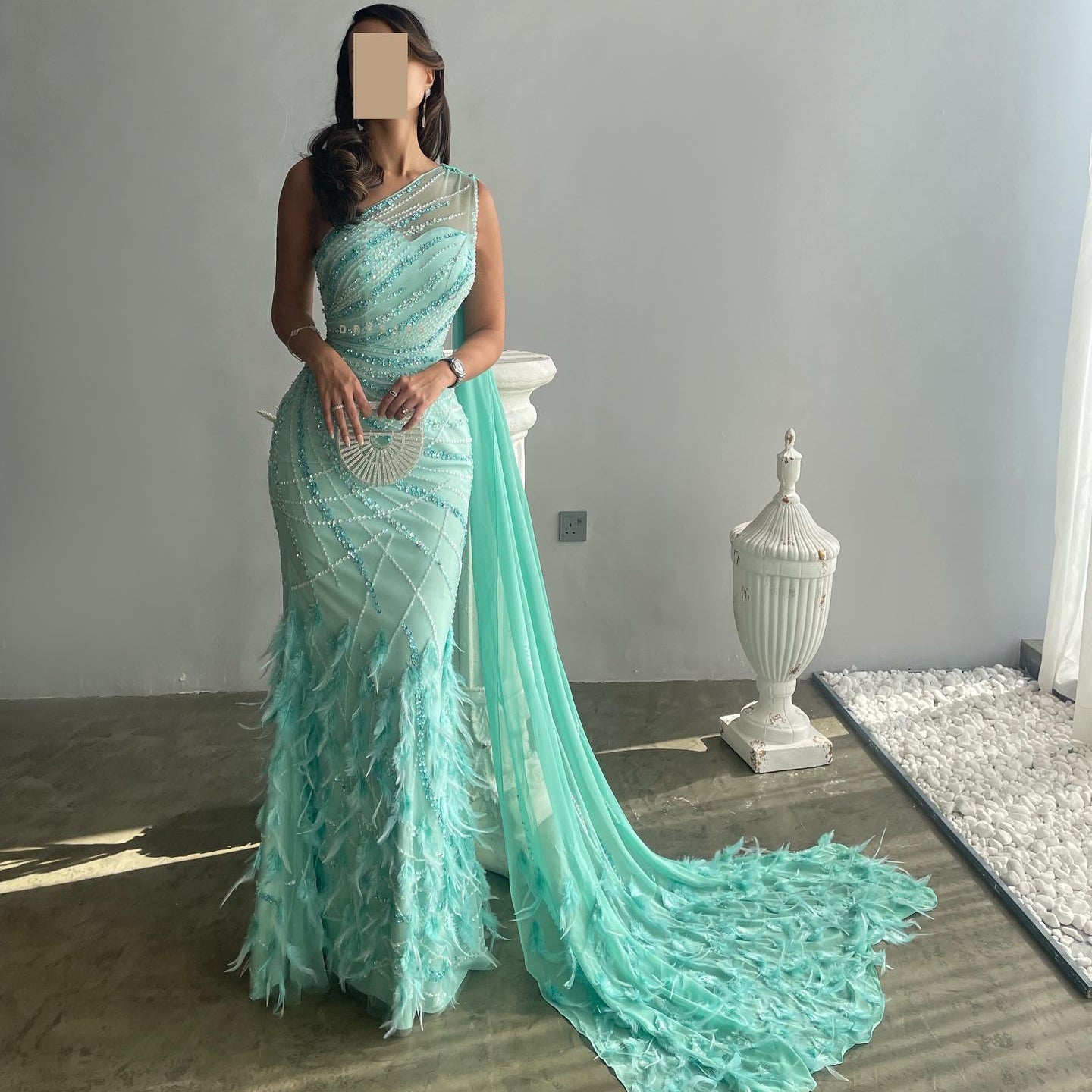 Luxury Feathers Turquoise One Shoulder Mermaid Evening Dress