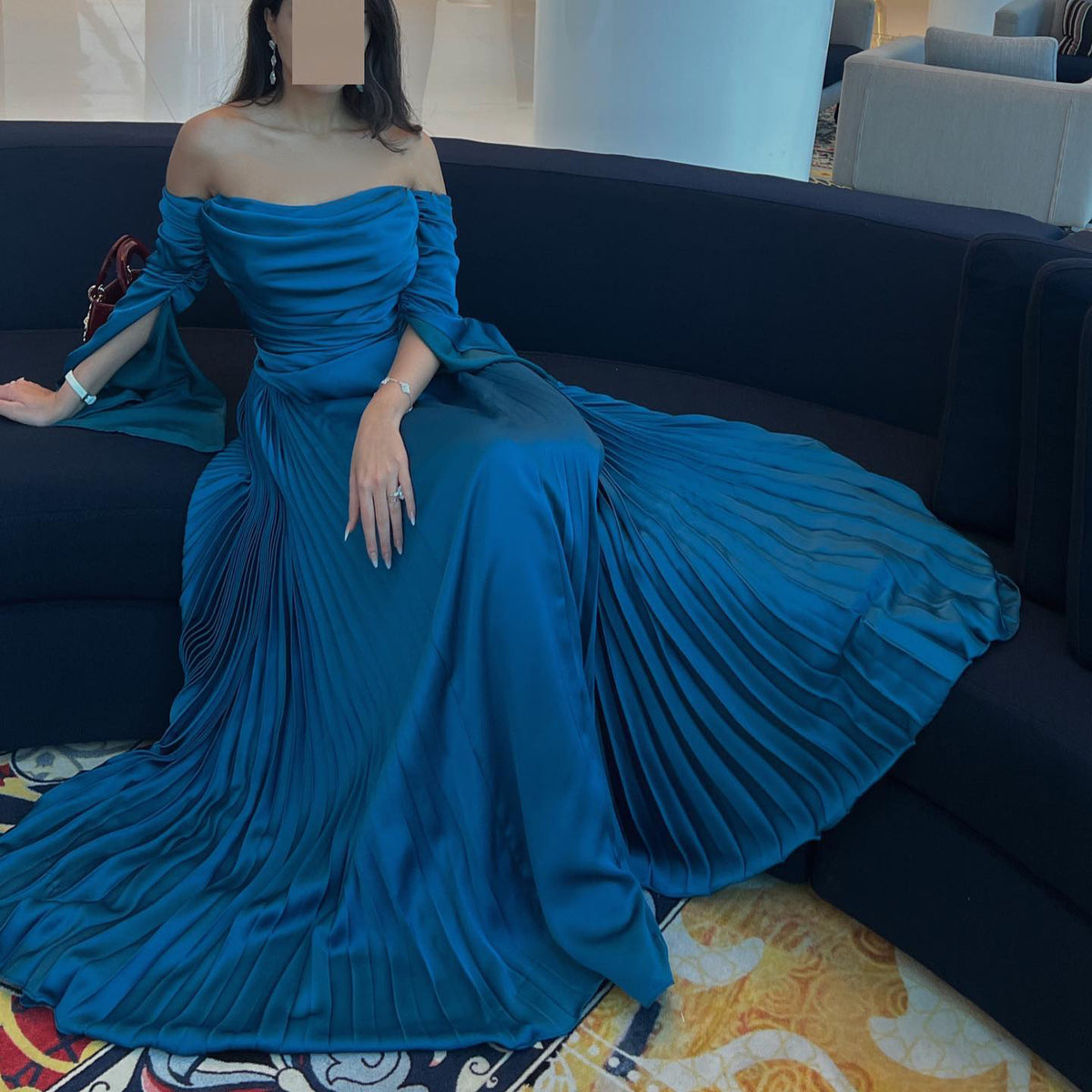 Elegant Blue Off-Shoulder Long Sleeves Evening Dress SF073