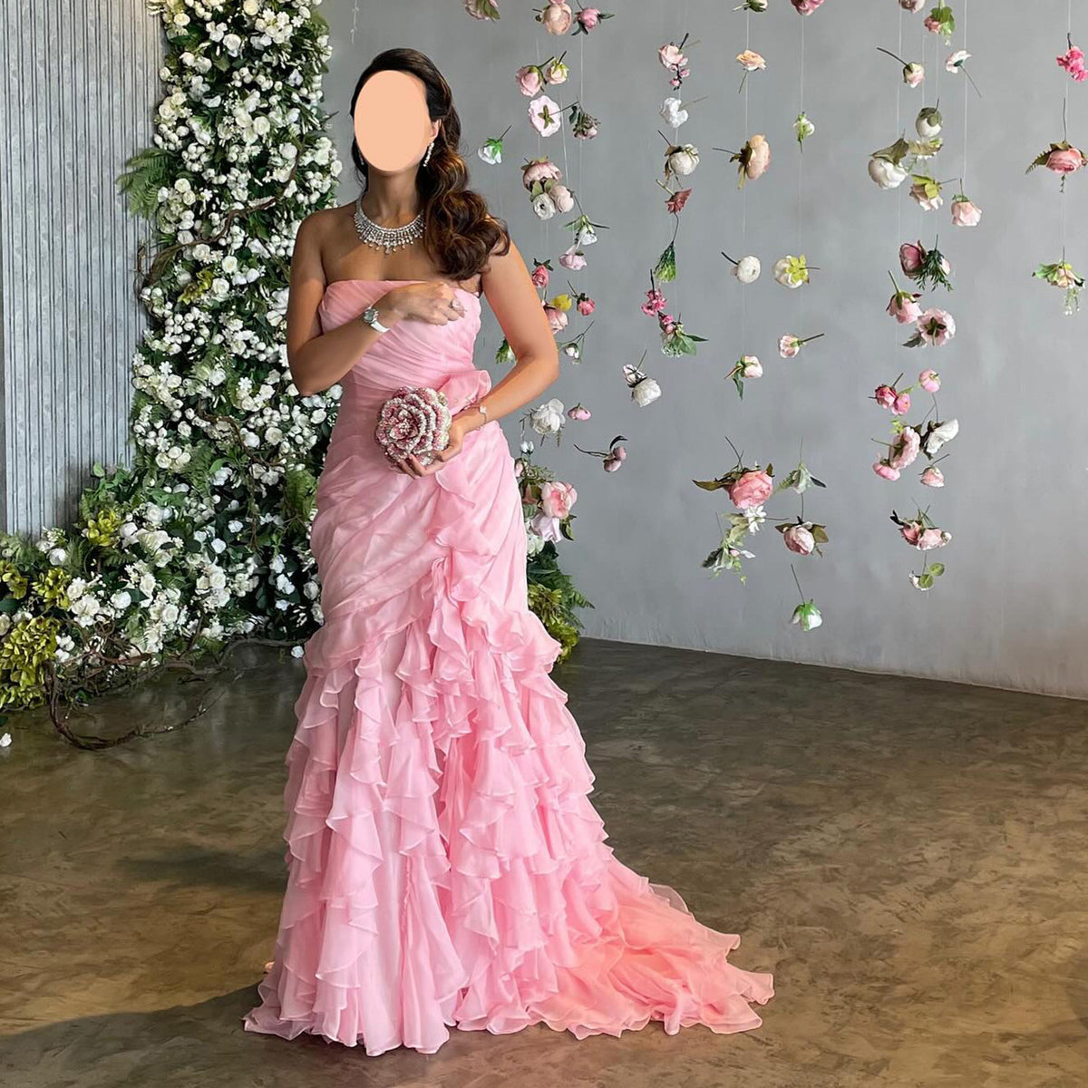 Elegant Light Pink Strapless Tiered Ruffles Mermaid Evening Dress SF077