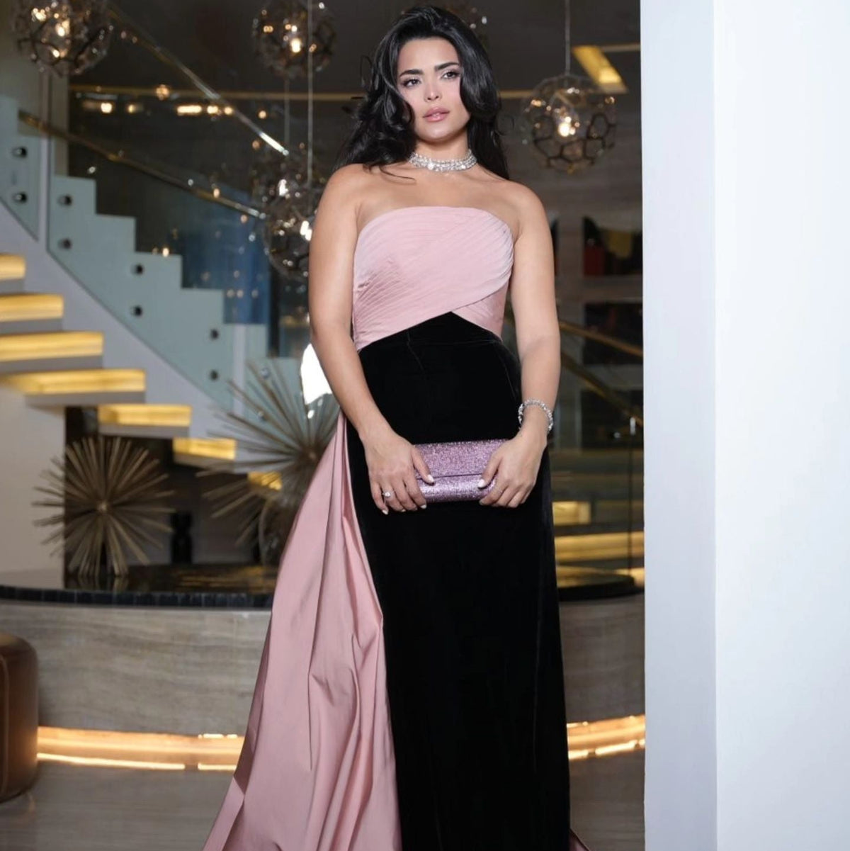 Elegant Black Pink Mermaid Evening Dress with Overskirt SF594