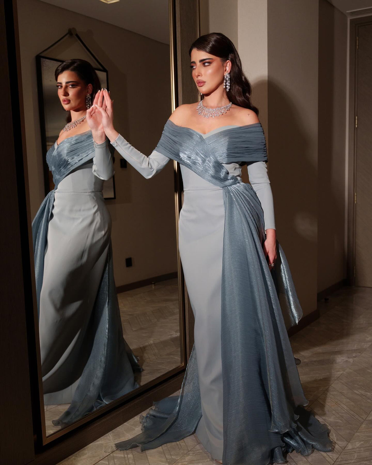 Elegant Off Shoulder Blue Pleats Evening Dress with Overskirt SF526