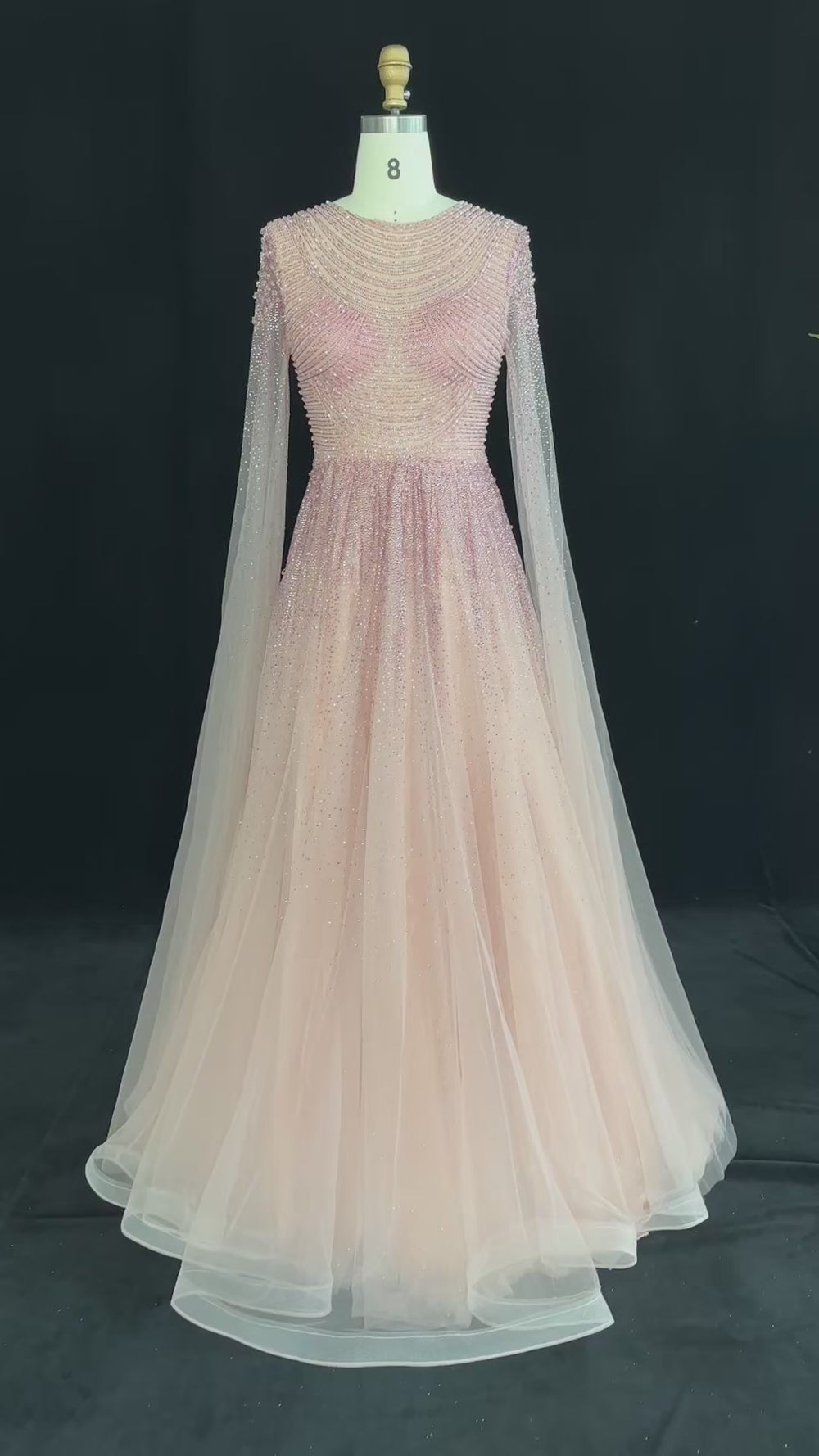 Regal Caramel Brown Beaded Jewel Neck Evening Gown with Sheer Cape Sle