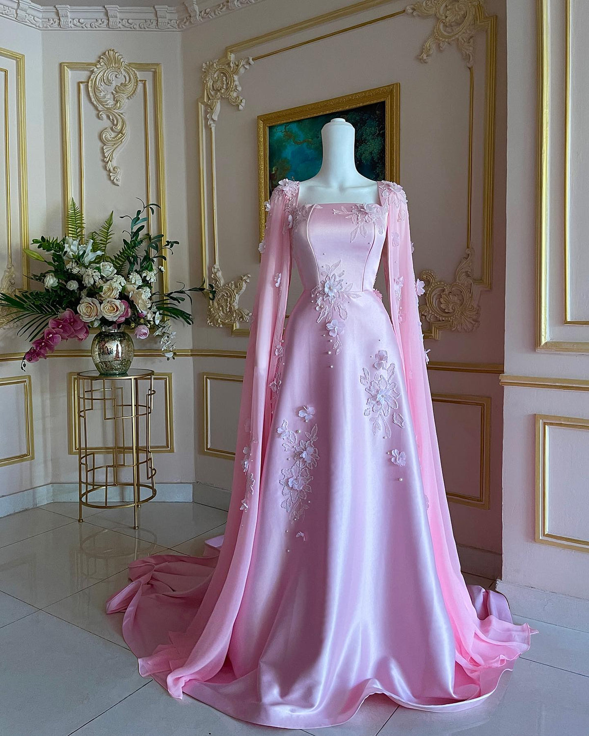 Luxury Pearls Pink 3D Floral Evening Dress with Cape Sleeve SF225