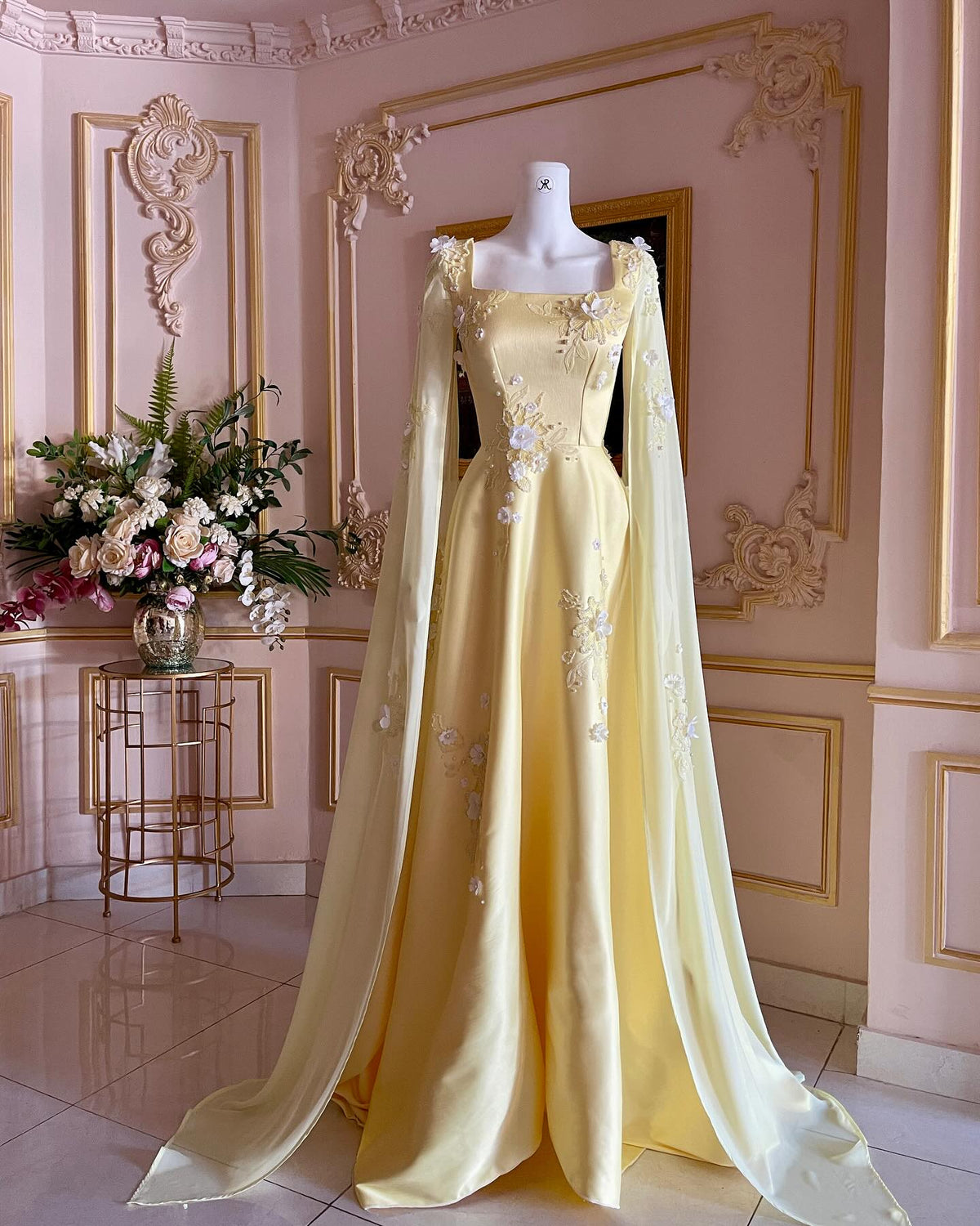 Luxury Pearls Yellow 3D Floral Evening Dress with Cape Sleeve SF226