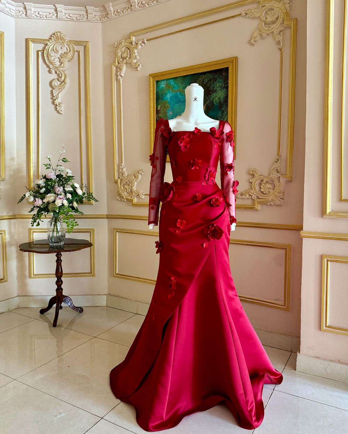 Elegant 3D Floral Red Mermaid Evening Dress SF227