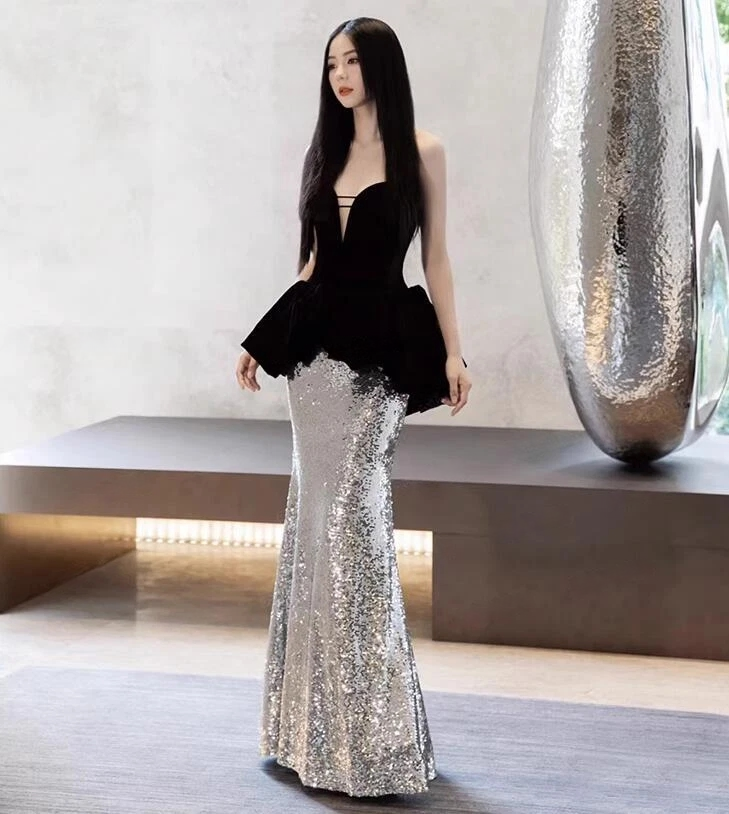 silver sequin peplum dress Sequin Peplum Corset Maxi Dress Silver