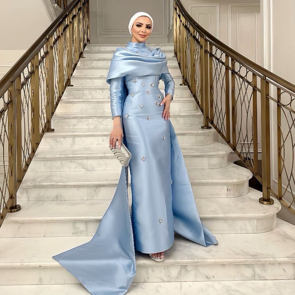 Elegant 3D Beaded Floral Blue Evening Dress with Overskirt SS271