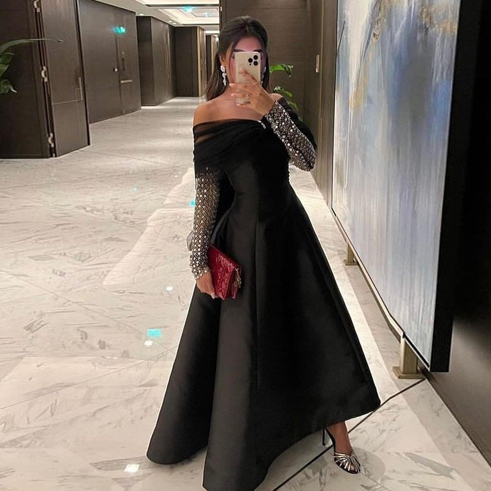 Elegant Black Off Shoulder A-Line Evening Dress with Bow SF362