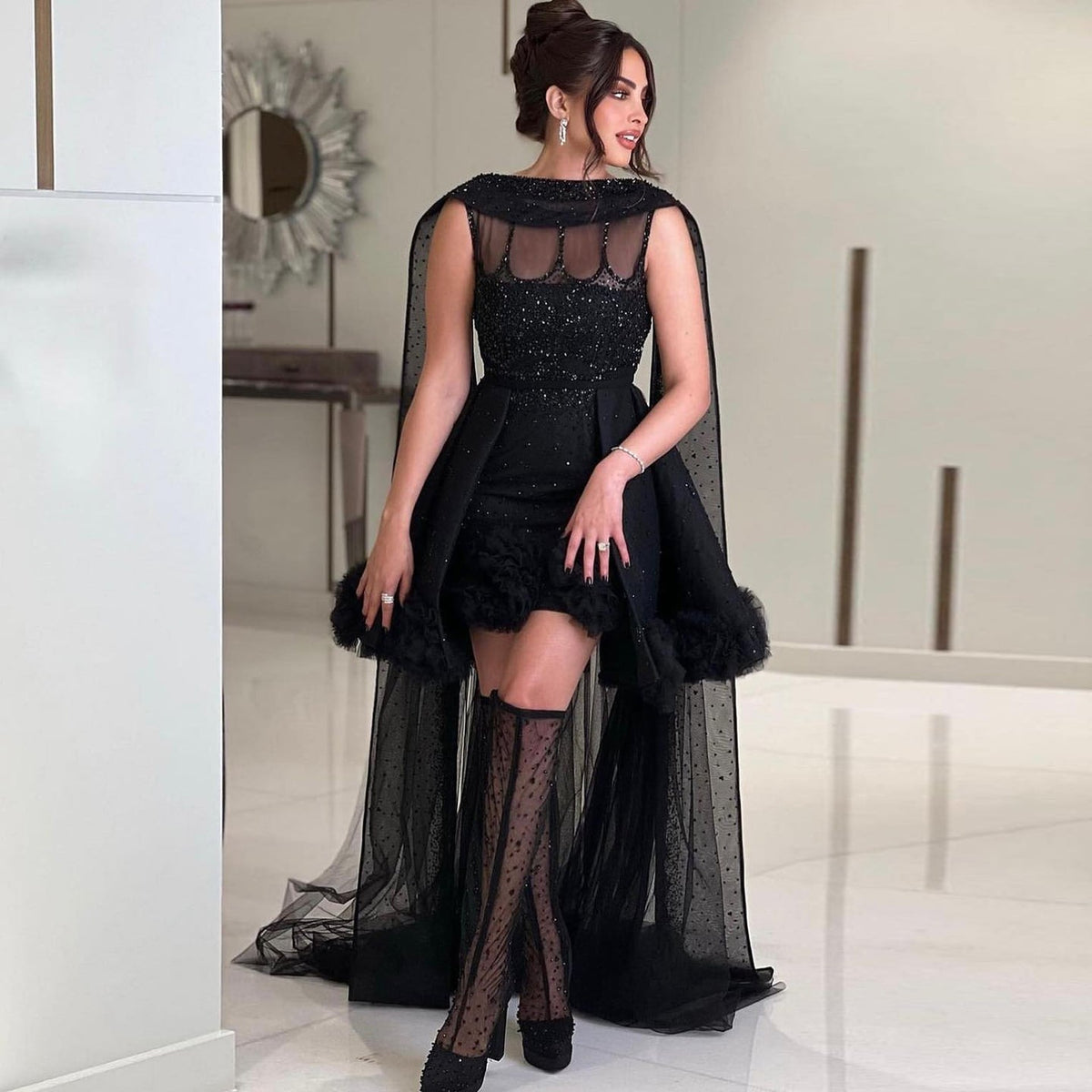 Luxury Crystal Black Ruffles Mini Cocktail Evening Dress with Cape SS477