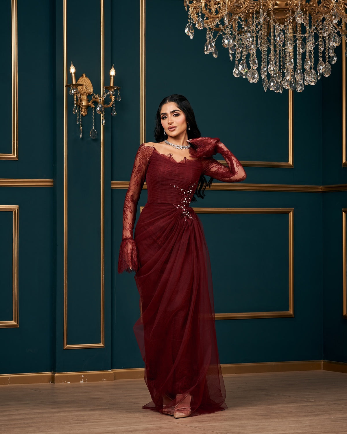 Luxury Beaded Burgundy Strapless Pleats Evening Dress SF456