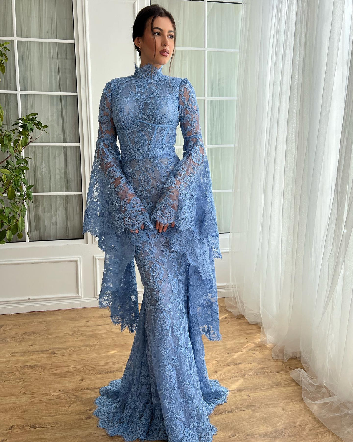 Luxury Blue High Neck Mermaid Evening Dress SF217