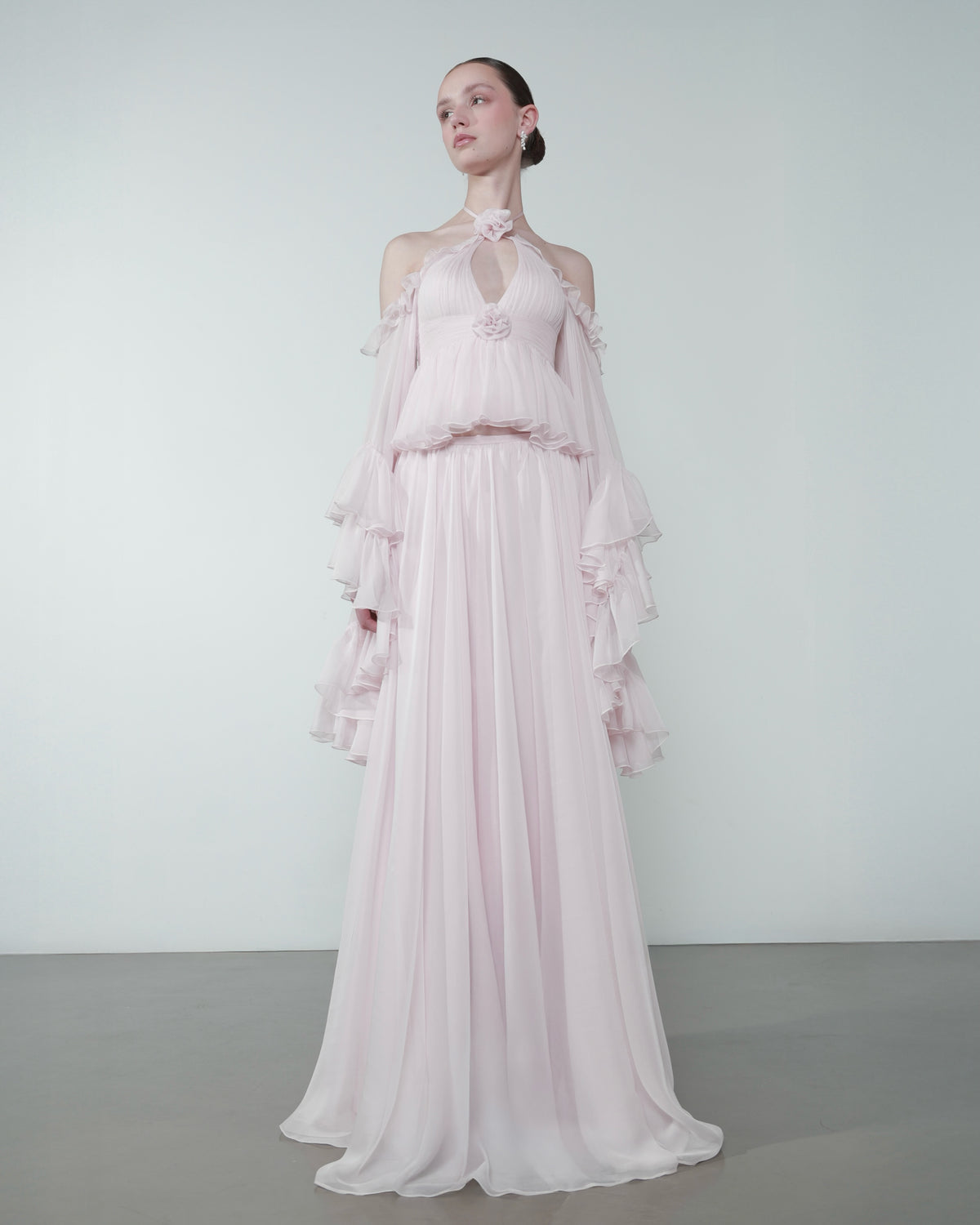 Elegant Pink Ruffled Halter 3D Floral Chiffon Evening Dress SF224