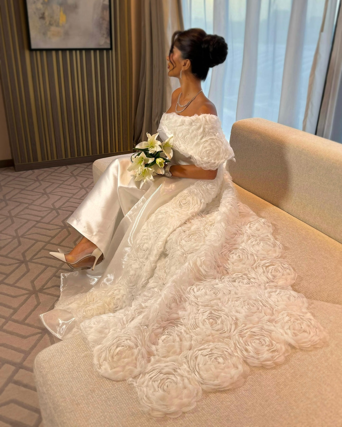 Elegant 3D Floral White One Shoulder Evening Dress SF044