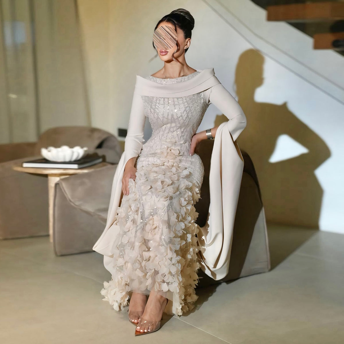 Gorgeous 3D Floral Pink Evening Dress with Cape Sleeves SS272