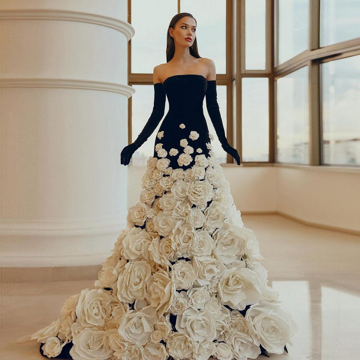 Chic 3D Flowers Black Velvet Mermaid Evening Dresses with Gloves SS248