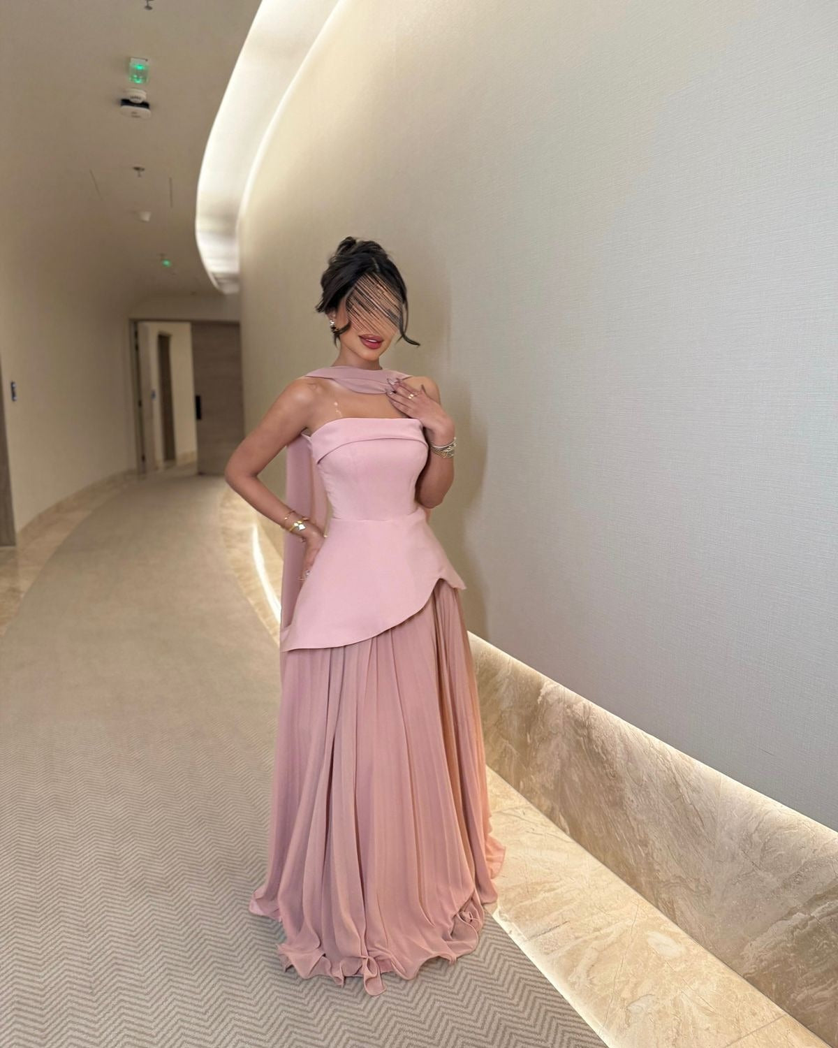 Elegant Pink Strapless Evening Dress with Scarf SF566