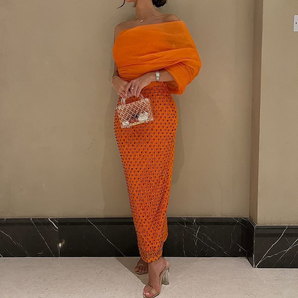 Luxury Beaded Orange One Shoulder Ankle Length Evening Dress SF111