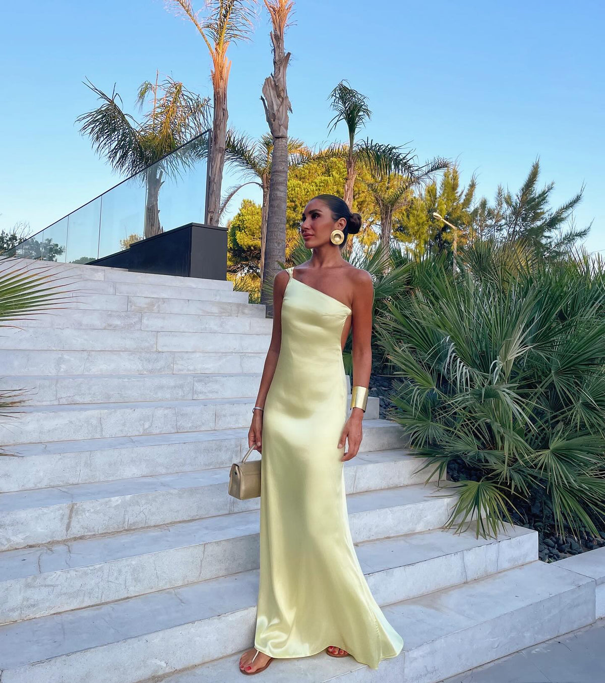 Elegant Yellow One Shoulder Satin Long Evening Dress SF096