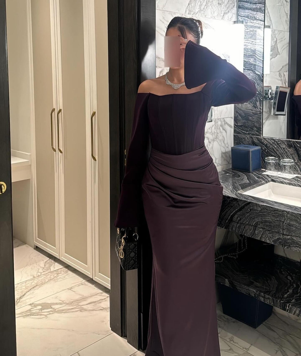 Elegant Off Shoulder Cabernet Satin Evening Dress SF509