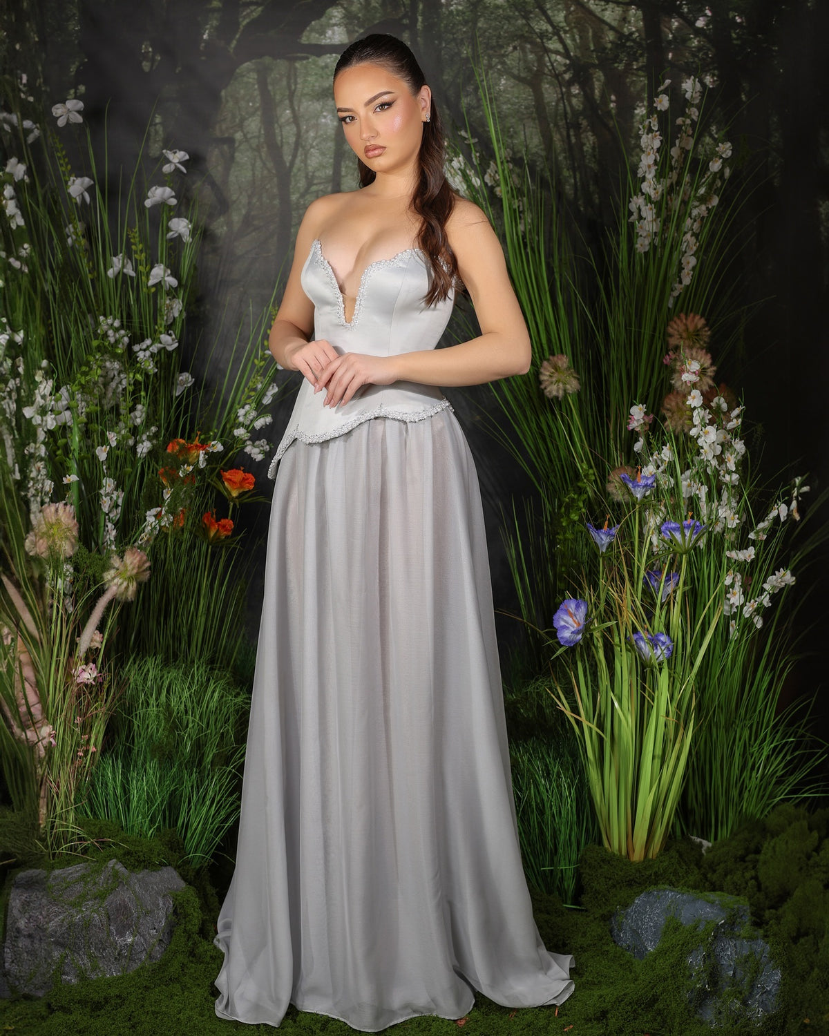 Luxury Pearls Gray A-Line Chiffon Evening Dress SF527
