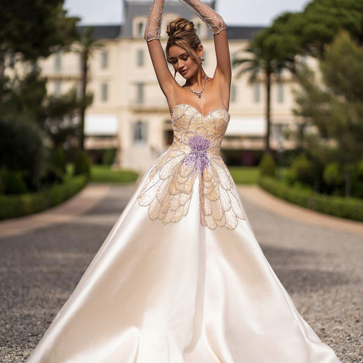 Luxury Beaded Butterfly Beige A-Line Evening Dress SS467