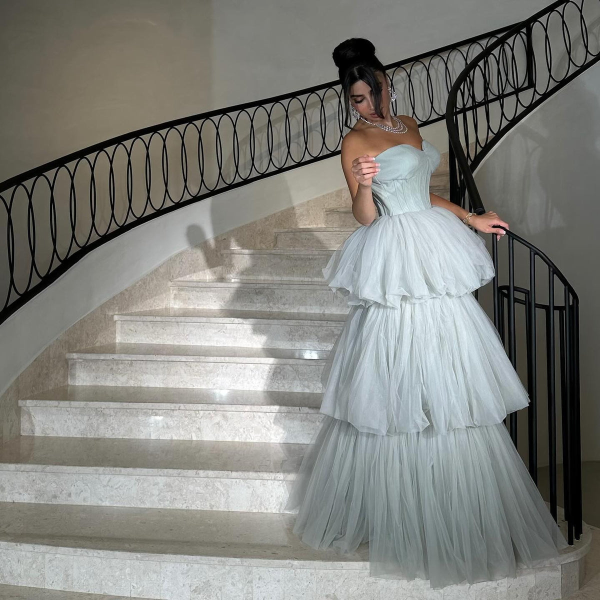 Luxury Aqua A-Line Tiered Lace Evening Dress SF167