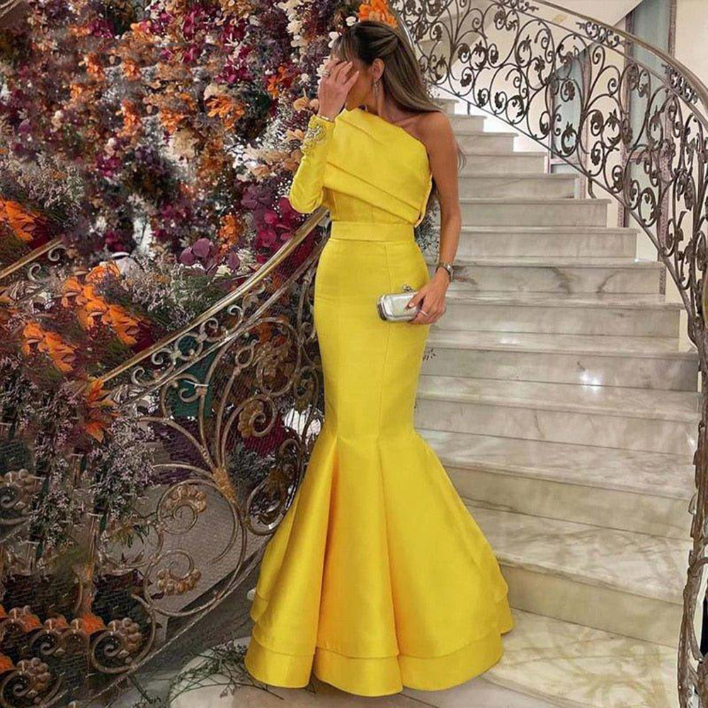 Elegant Beaded Yellow Mermaid Evening Dress with Cape SF014