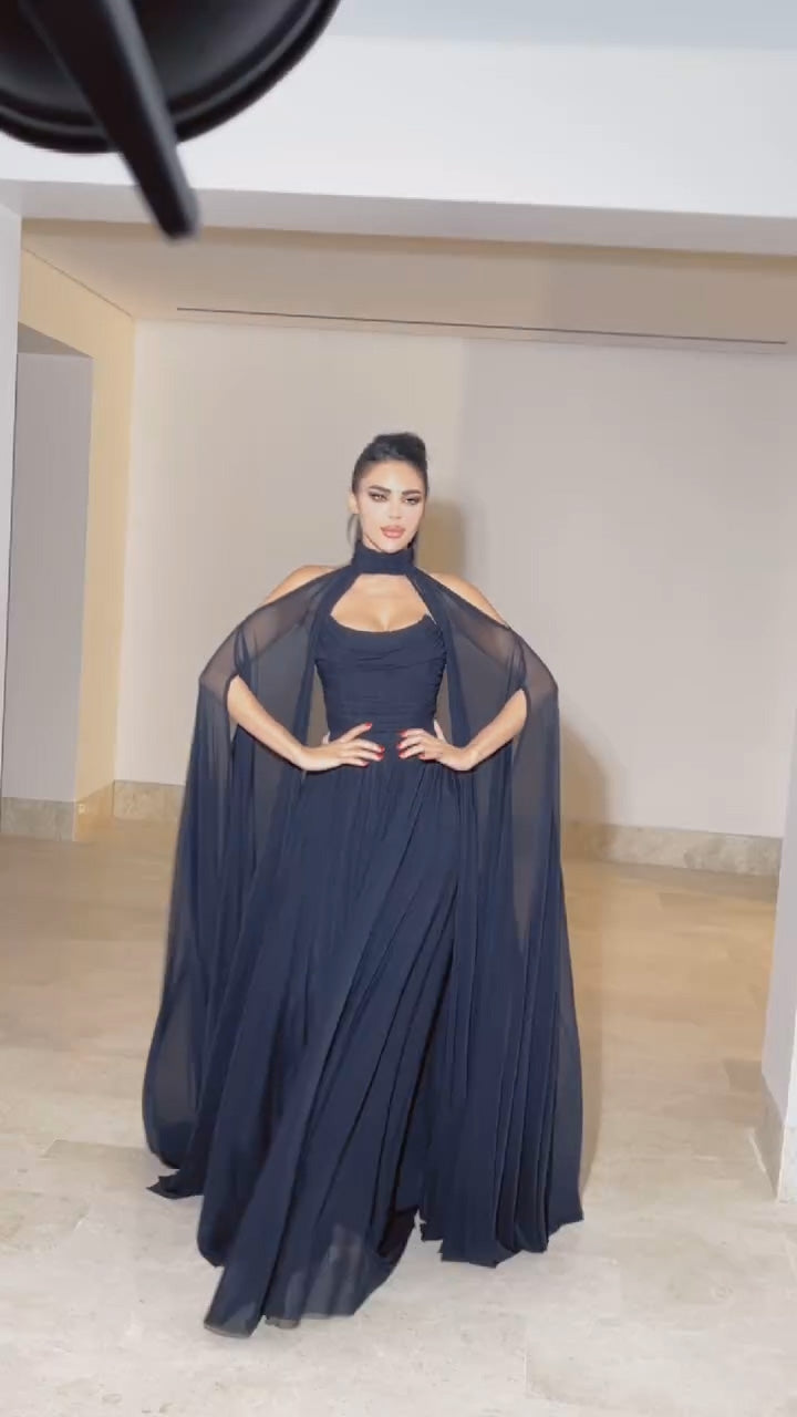 Elegant Navy Blue Halter Chiffon Evening Dress SF267