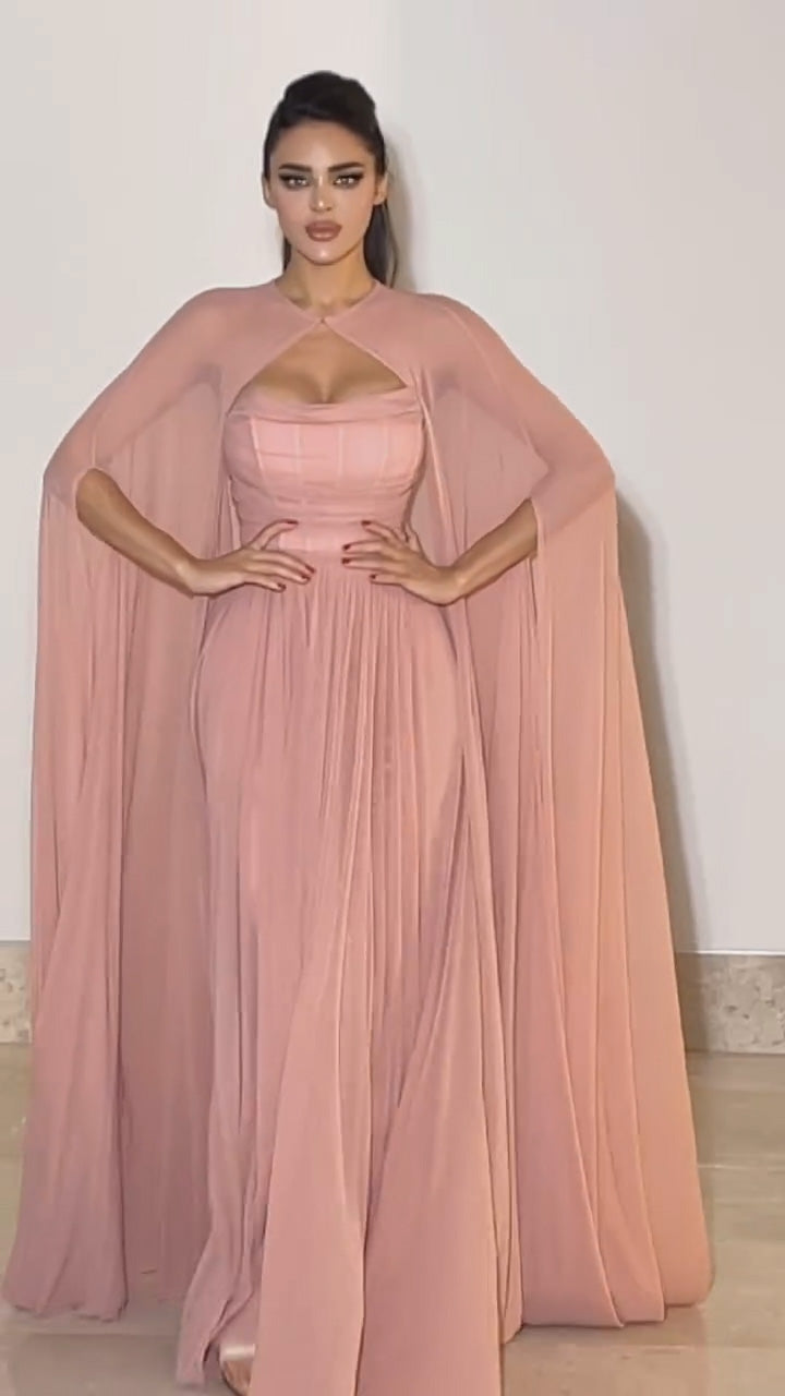 Elegant Pink A-Line Chiffon Evening Dress with Cape SF266