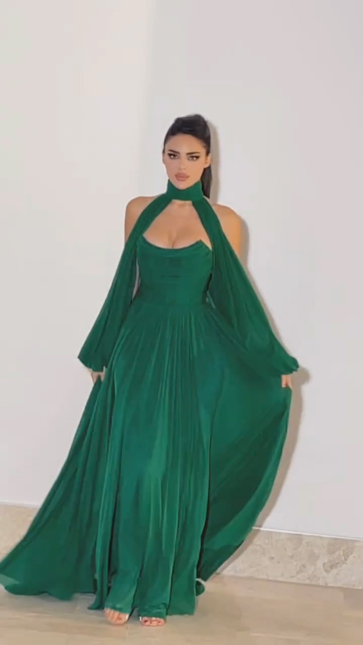 Elegant Green Halter Long Sleeves Evening Dress SF268